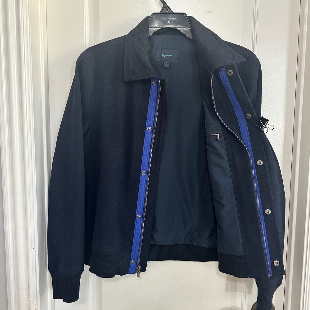 Faconnable Mens Navy Blue 100% Wool Jacket Full Zip Snap Ribbed Bomber‎ Medium